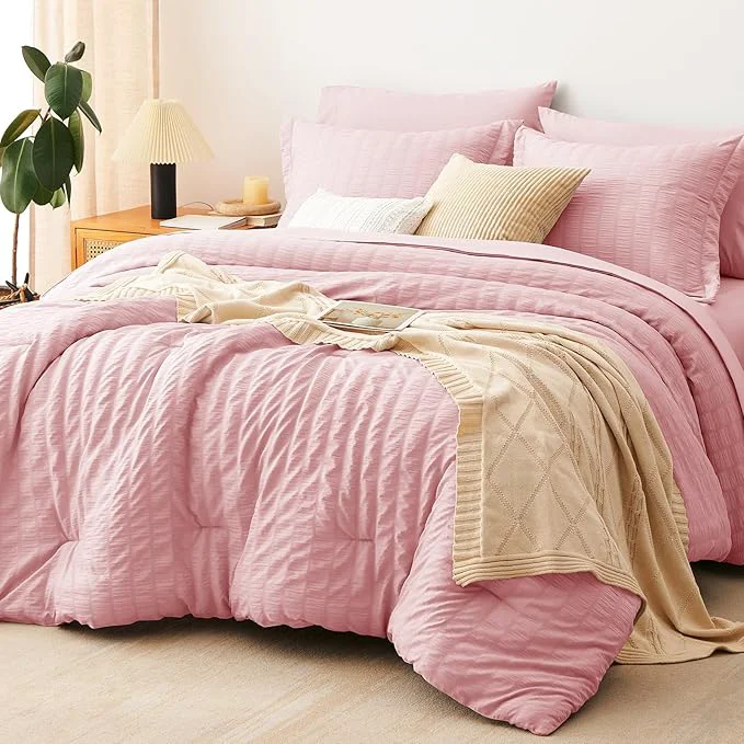 Safe CozyLux King Size Comforter Set Pink Seersucker 7 Pieces Bed in a Bag King Comforter Set with Sheets Luxury Soft Bedding Sets with Down Comforter Sheets Pillowcases amp Shams All Seasons Fine Crafted