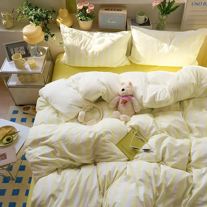 Recyclable EAVD Yellow and White Vertical Striped Duvet Cover Queen Soft Washed Microfiber Farmhouse Yellow Striped Bedding Set with 2 Pillowcases Reversible Geometric Pattern Duvet Cover with Zipper Closure Luxury