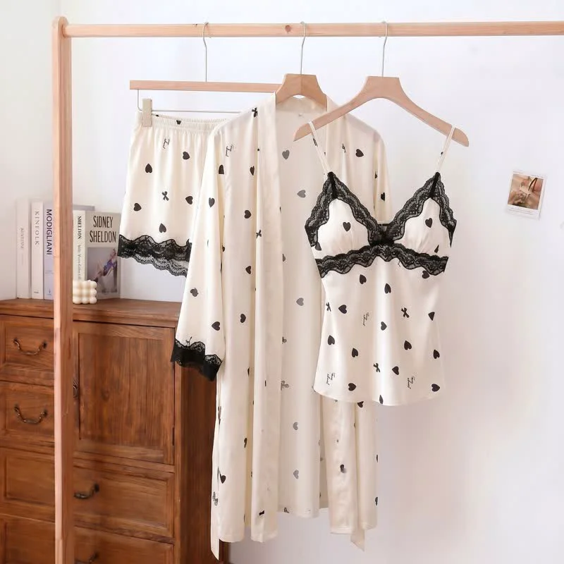 Soft Ownkoti Heart amp Bow Lace Trim Cami Pajama Set 3PCS Next-Generation