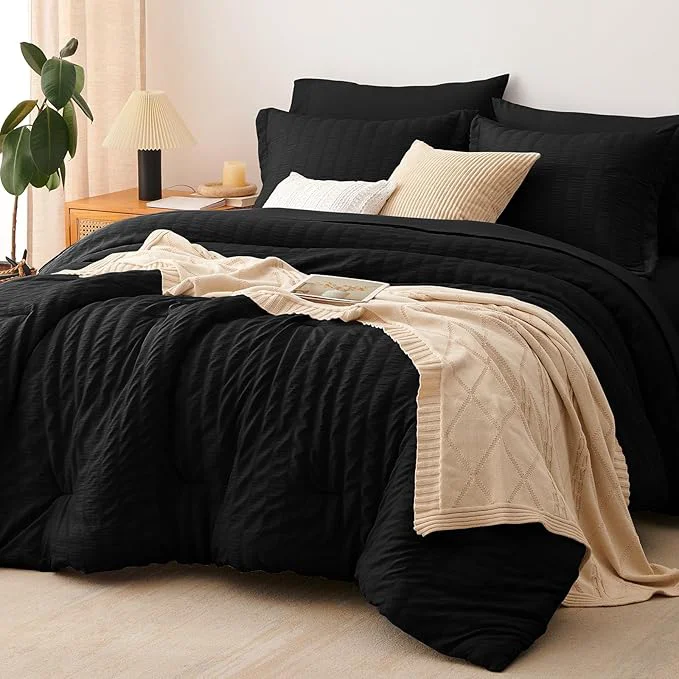Refined CozyLux King Size Comforter Set Black Seersucker 7 Pieces Bed in a Bag King Comforter Set with Sheets Luxury Soft Bedding Sets with Down Comforter Sheets Pillowcases amp Shams All Seasons Specialty