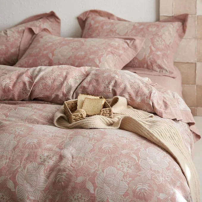 Lightweight VM VOUGEMARKET Blush Pink Flower Duvet Cover Set Queen 3 Pieces Retro Jacquard Pink Floral Bedding Set Linen Cotton Yarn-Dyed Textured Duvet Cover with Zipper Closure Authentic
