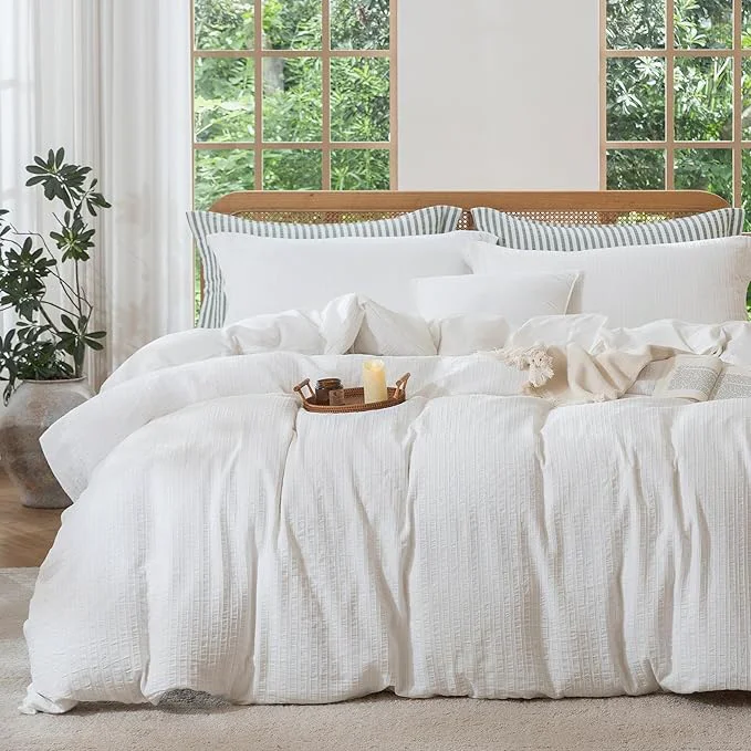Casual MILDLY White Striped Duvet Cover – Washed Cotton Jacquard Textured Comforter Cover with Dual Zipper Closure amp 8 Coner Ties Natural