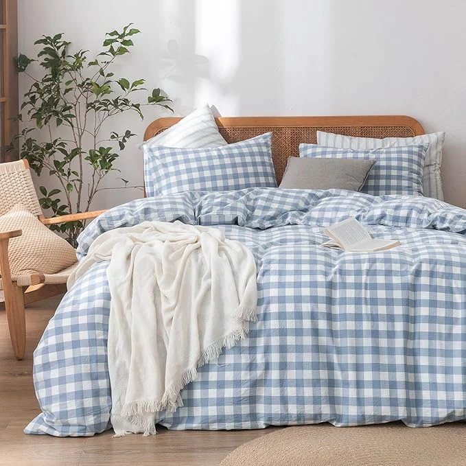 Enhanced OUCH Duvet Cover Set Washed Cotton Linen Feel Super Soft Comfortable Chic Lightweight 3 PCs Home Bedding Set Cornflower Blue amp White Grid King