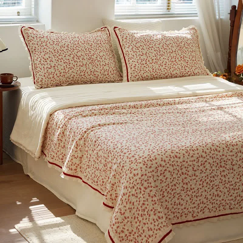 Unique Ownkoti Red Floral Ruffled Cotton Gauze Quilt Fine Crafted