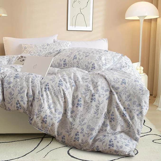 Pure VM VOUGEMARKET 3 Pieces Blue White Duvet Cover Queen Floral Botanical Comforter Cover with Zipper Soft Cotton Cottagecore Bedding Set for Girls Women-90×90 Inch Next-Generation