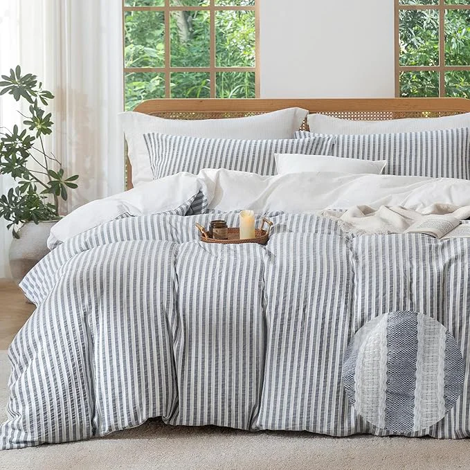 Verified MILDLY Striped Duvet Cover Set – Washed Cotton Charcoal Grey Boho Jacquard Textured Comforter Cover 3pcs with Zipper Closure 104 quot x90 quot Original Design