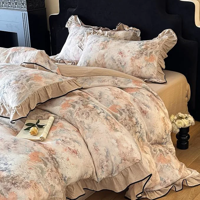 Easy-to-Use VM VOUGEMARKET Muslin Cotton Duvet Cover Set King Shabby Pink Flower Duvet Cover with Ruffles Soft Linen Like Gauze Comforter Cover with Zip Closure and Corner Ties- 104 quot x90 quot Verified
