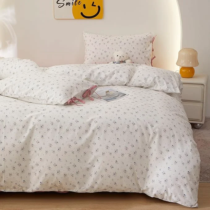 Casual Vintage Blue Floral Duvet Cover Set Twin Cotton 3 Pcs Tiny Flower Prints Comforter Cover with Zipper Closure for Teen Girls Cottagecore Style Duvet Cover 2 Pillowcases with Bowknot-68×86 Inch Natural