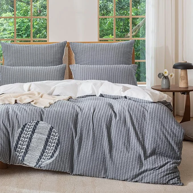 Trendy MILDLY Jacquard Stripe Duvet Cover – Washed Cotton Charcoal Boho Textured Comforter Cover Set with Zipper Closure 104 quot x90 quot Contemporary