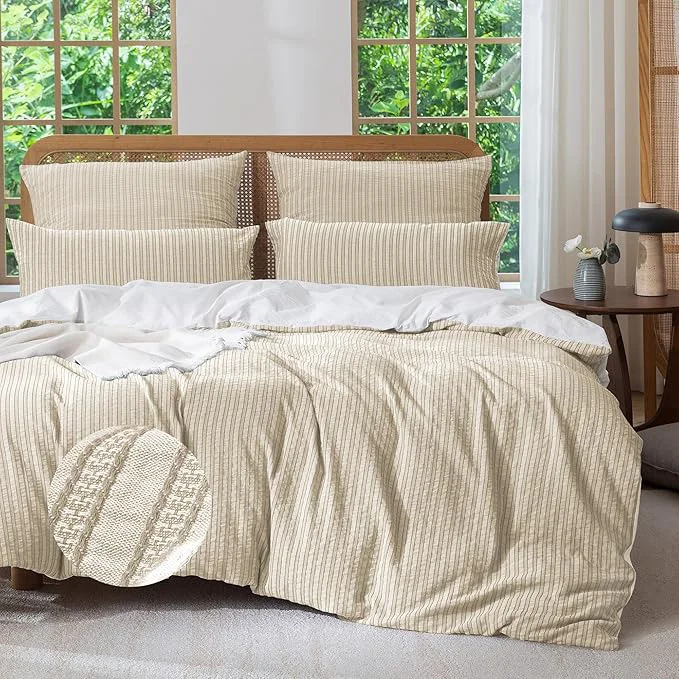Top-Quality MILDLY Jacquard Stripe Duvet Cover – Washed Cotton Khaki Boho Textured Comforter Cover Set with Zipper Closure 68 quot x90 quot Healthy