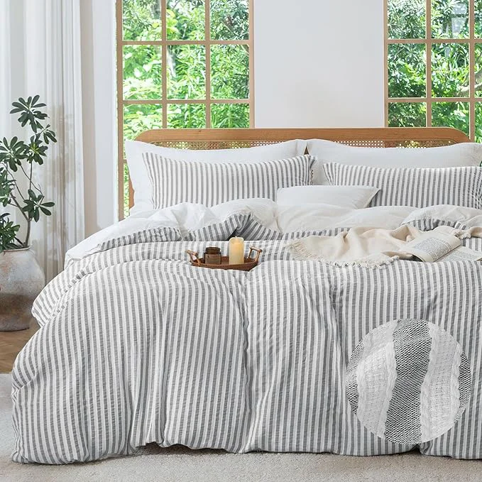 Long-Lasting MILDLY Grey Striped Duvet Cover – Washed Cotton Jacquard Boho Textured Comforter Cover 3pcs with Corner Ties Zipper Closure 104 quot x90 quot Durable