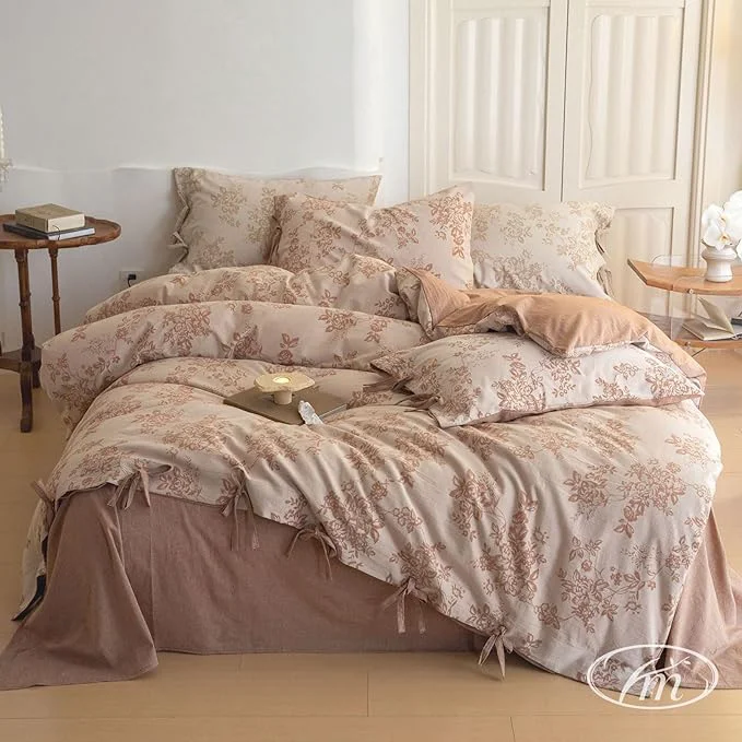 Soft VM VOUGEMARKET Chic Floral Duvet Cover Queen Yarn-Dyed Cotton Jacquard Textured Duvet Cover with Bowknot Retro Monet Style Bedding Set-90 quot x90 quot Pumpkin Powerful