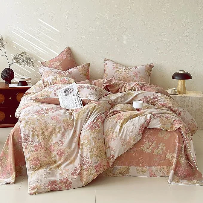 Crafted VM VOUGEMARKET Pastoral Double Layer Gauze Cotton Duvet Cover Set – Peach Blush Floral Jacquard Cozy Reversible Vintage Bedding Set King Size User-Friendly