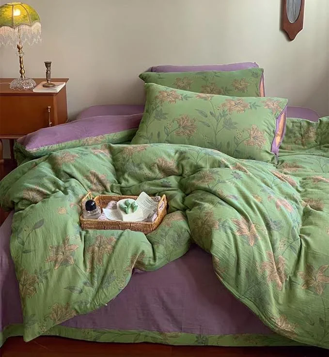 High-Performance VM VOUGEMARKET Green Duvet Cover Set Full Lily Flower Jacquard Duvet Cover with 2 Pillowcases 3Pcs Yarn-Dyed Linen Cotton Green Purple Bedding Set for Teens Girls Without Comforter-80 x90 Casual