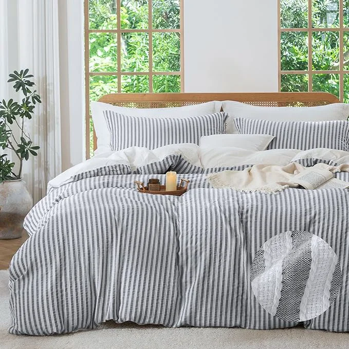 Pure MILDLY Dark Grey Striped Duvet Cover – Washed Cotton Jacquard Boho Textured Comforter Cover 3pcs with Corner Ties Zipper Closure 90 quot x90 quot Lightweight