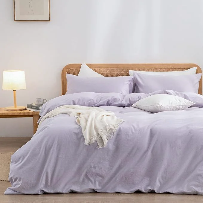 Modern OUCH Duvet Cover Set Washed Cotton Linen Feel Super Soft Comfortable Chic Lightweight 3 PCs Home Bedding Set Solid Taro Purple Oversized King Trendy
