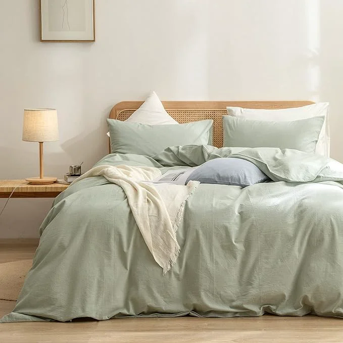 Classic OUCH Duvet Cover Set Washed Cotton Linen Feel Super Soft Comfortable Chic Lightweight 3 PCs Home Bedding Set Solid Sage Green Super Queen Reusable