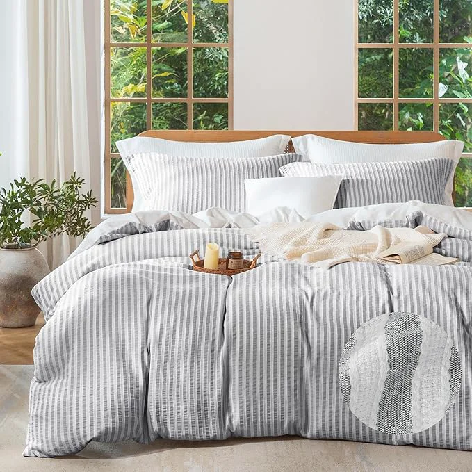 Optimized MILDLY Grey Striped Duvet Cover – Washed Cotton Jacquard Textured Comforter Cover with Dual Zipper Closure amp 8 Coner Ties Professional