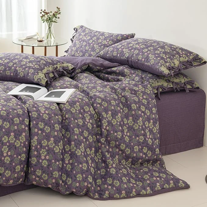 Healthy VM VOUGEMARKET Violet Duvet Cover King Double Gauze Cotton Farmhouse Jacquard Green Floral Duvet Cover with 2 Bowknot Pillowcases Rustic Style Breathable for a Cozy Home Atmosphere Safe