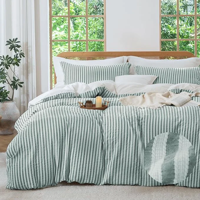 Elegant MILDLY Emerald Striped Duvet Cover – Washed Cotton Jacquard Boho Textured Comforter Cover 2pcs with Corner Ties Zipper Closure 68 quot x90 quot Exceptional