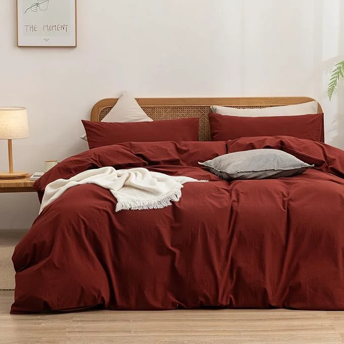 High-Quality OUCH Duvet Cover Set Washed Cotton Linen Feel Super Soft Comfortable Chic Lightweight 3 PCs Home Bedding Set Solid Fired Brick Red Oversized Full Fashionable
