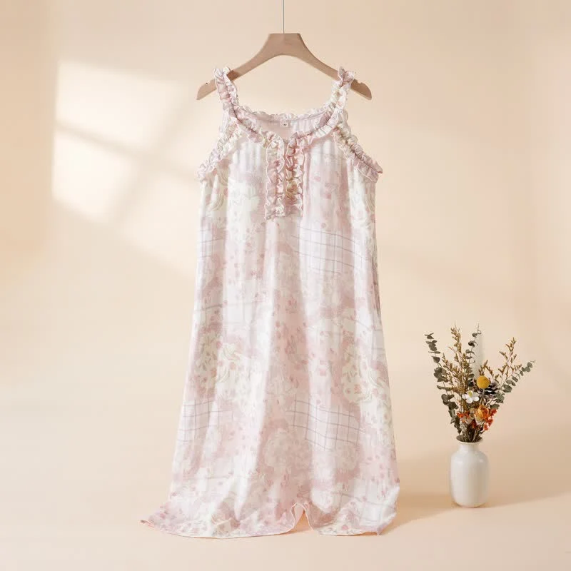 Professional Ownkoti Ruffle Neck Floral Bamboo Cotton Nightgown Long-Lasting