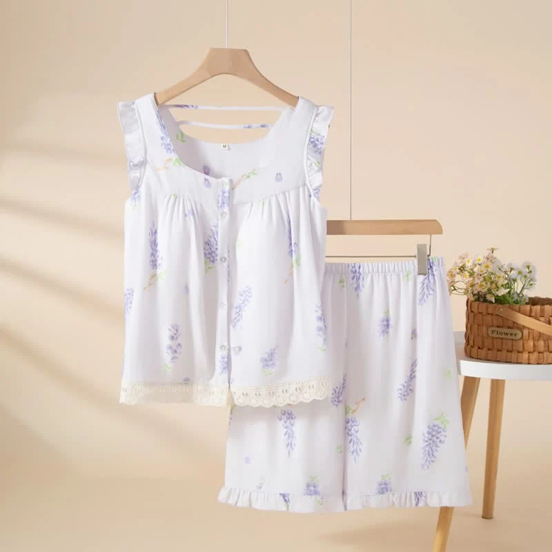 Sophisticated Ownkoti Purple Floral Cotton Ruffle Lace Pajama Set Quality