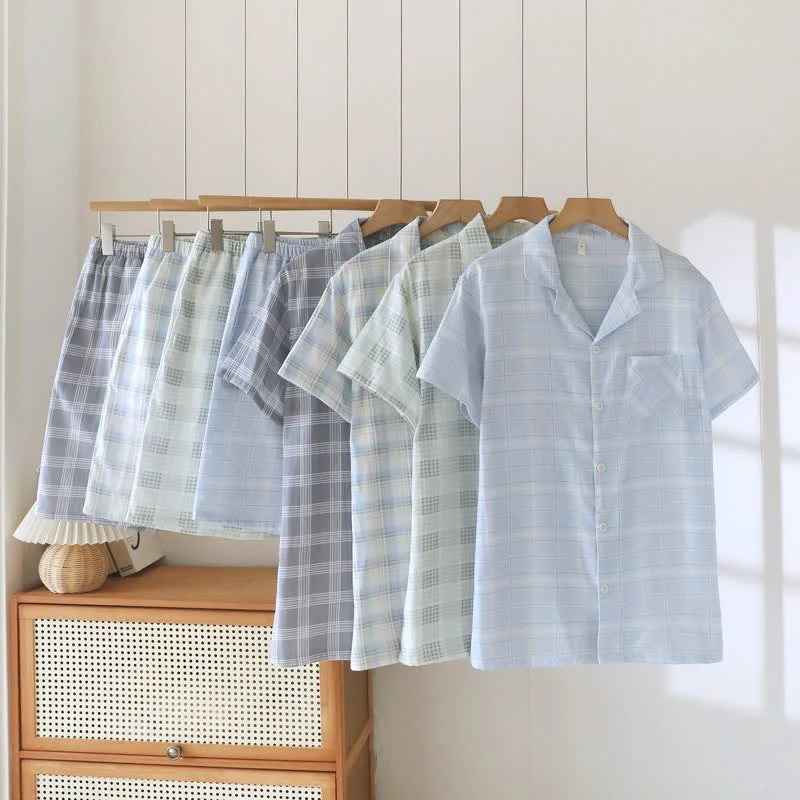 Breathable Ownkoti Short-Sleeve Cotton Plaid Sleepwear Set Detailed