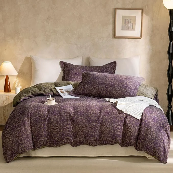 Casual VM VOUGEMARKET Purple Green Duvet Cover Queen 3 Pieces Retro Boho Medallion Jacquard Flower Bedding Set Linen Cotton Yarn-Dyed Textured Duvet Cover with Zipper Closure Luxury