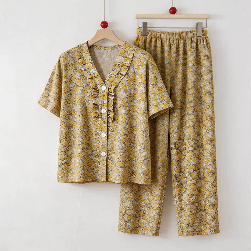 Reliable Ownkoti Yellow Floral Cotton Ruffle Loungewear Set Authentic