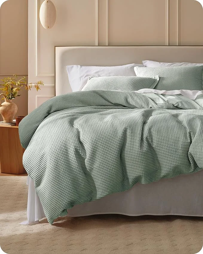 Trendy Bedsure Cotton Duvet Cover Queen – Cotton Waffle Weave Sage Green Duvet Cover Queen Size GentleSoft™ and Breathable Bedding Set for All Season 3 Pieces 90 quot x90 quot Expertly Made