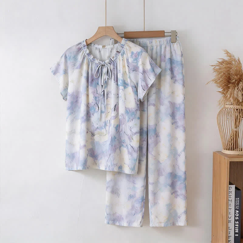 Fashionable Ownkoti Watercolor Floral Cotton Pajama Set High-End