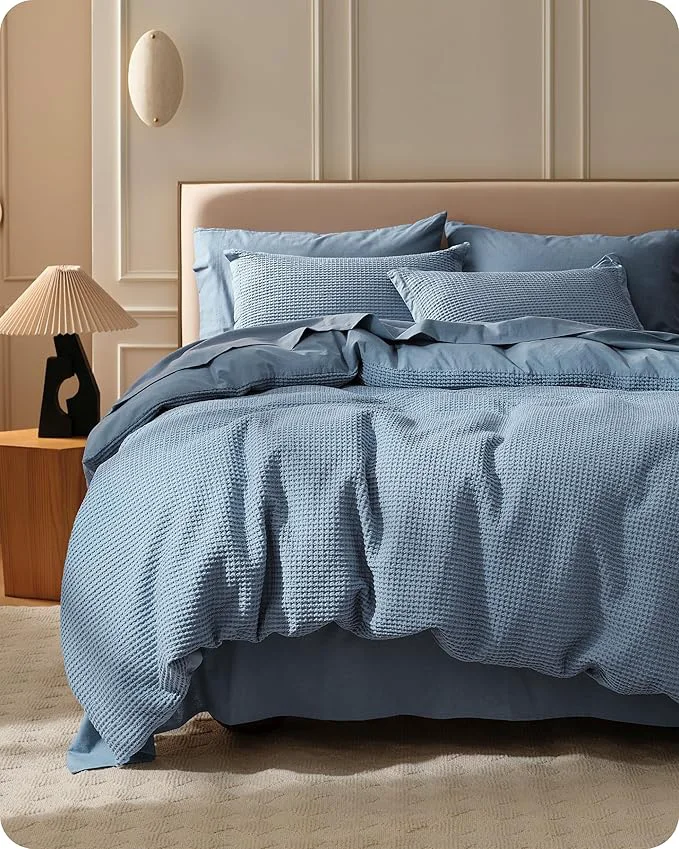 Bedsure Cotton Duvet Cover Queen – Cotton Waffle Weave Grey Blue Duvet Cover Queen Size GentleSoft™ and Breathable Bedding Set for All Season 3 Pieces 90 quot x90 quot Fine Crafted