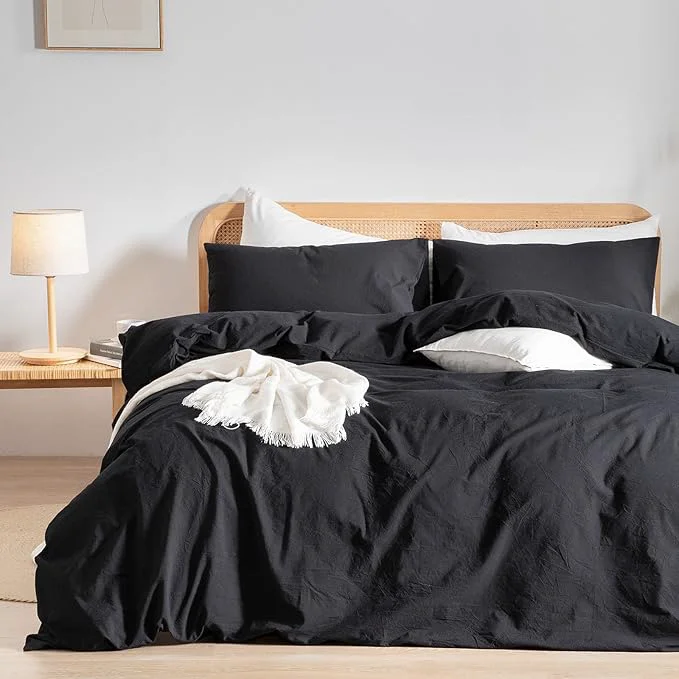 Safe OUCH Duvet Cover Set Washed Cotton Linen Feel Super Soft Comfortable Chic Lightweight 3 PCs Home Bedding Set Solid Deep Black Oversized King Organic