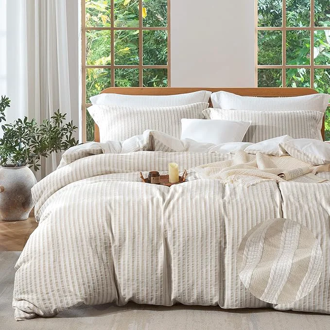 Original Design MILDLY Khaki Striped Duvet Cover – Washed Cotton Jacquard Textured Comforter Cover with Dual Zipper Closure amp 8 Coner Ties Breathable