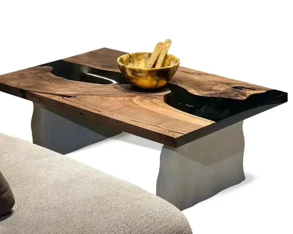 Dependable Epoxy-Resin Walnut Coffee Table With Stone Looking Legs Smooth