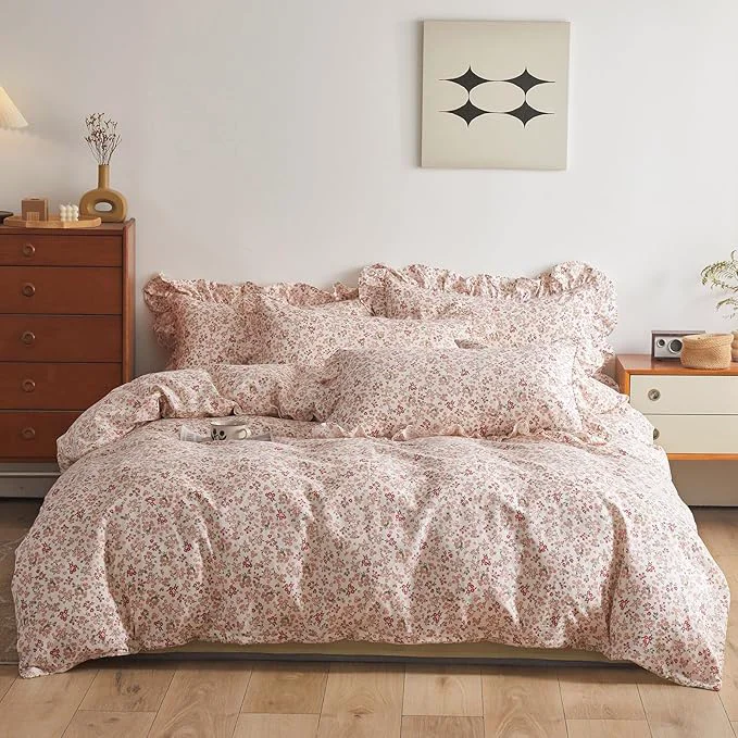 Sustainable VM VOUGEMARKET Cotton Duvet Cover Twin Pink Flower Duvet Cover with Ruffle Pillowcases Teen Girls Aesthetic Bedding Set Garden Style Blooming Comforter Cover with Zipper Ties 3 pcs 68×86 Inch Exclusive