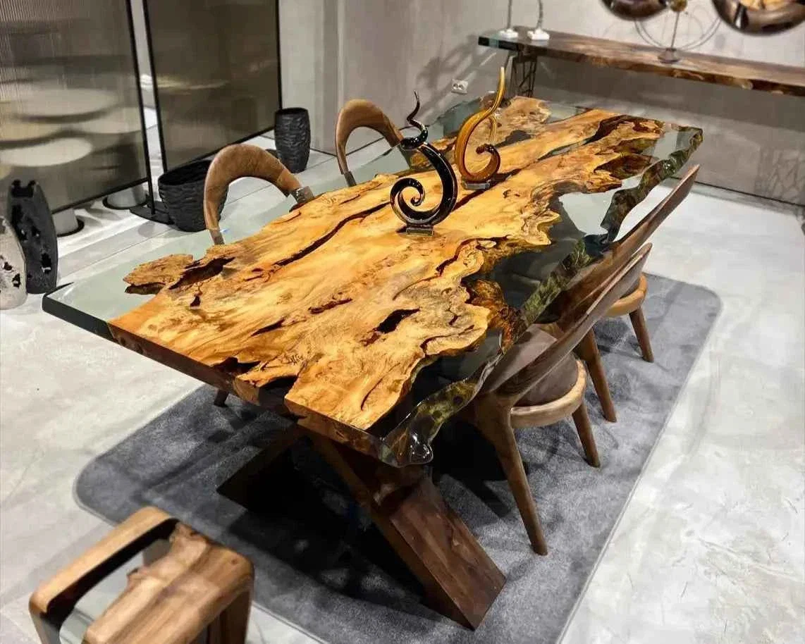 Innovative Solid Linden Wood Natural Look Epoxy Resin Side Dining Table Consistent