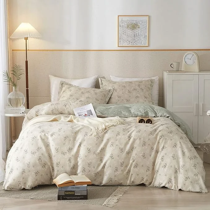 Organic VM VOUGEMARKET Garden Flower Duvet Cover Set Queen Cotton Aesthetic Bedding Set Reversible Duvet Cover with 2 Pillow Shams Blooming Comforter Cover for Girls Quality