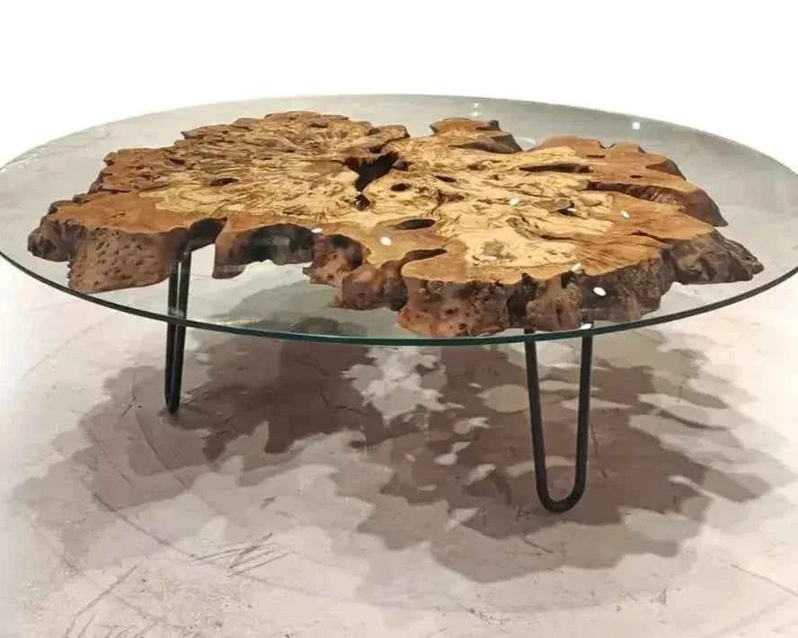 Elegant Olive Wood Rustic Coffee Table Featured Glass On Top Luxury