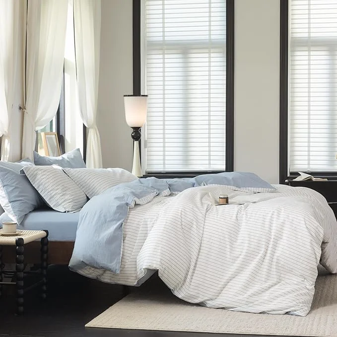Dependable Reversible Duvet Cover Set Washed Cotton Sky Blue Stripe Linen Feel Duvet Cover Super Queen Size with Zipper Closure amp 2 Pillow Shams Sky Blue White Stripe Reverse Solid Sky Blue Refined