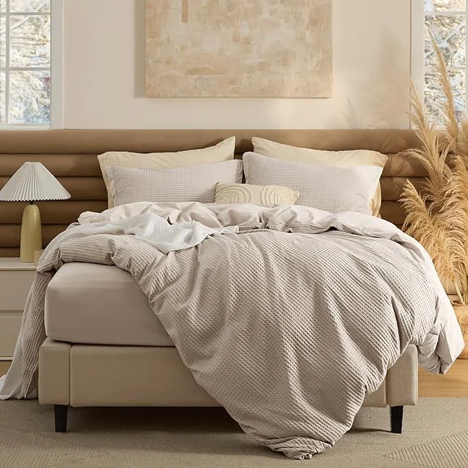 Durable Bedsure Cotton Duvet Cover Queen Size with Fitted Sheet – 4 Pieces Linen Color Waffle Weave Bedding Set GentleSoft™ and Breathable Includes 1 Duvet Cover 90×90 1 Fitted Sheet 2 Pillow Shams Casual
