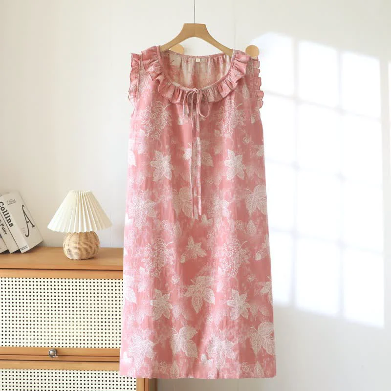 Natural Ownkoti Pink Botanical Leaf Cotton Ruffle Nightgown Premium Material