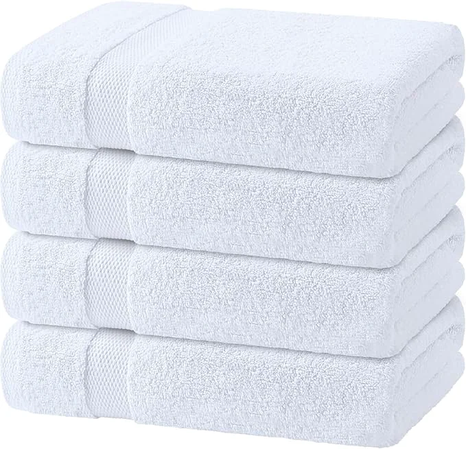 Unique Wealuxe White Bath Towels Set of 4 — 27 x 54 Inch Ring Spun Cotton 650GSM Traditional