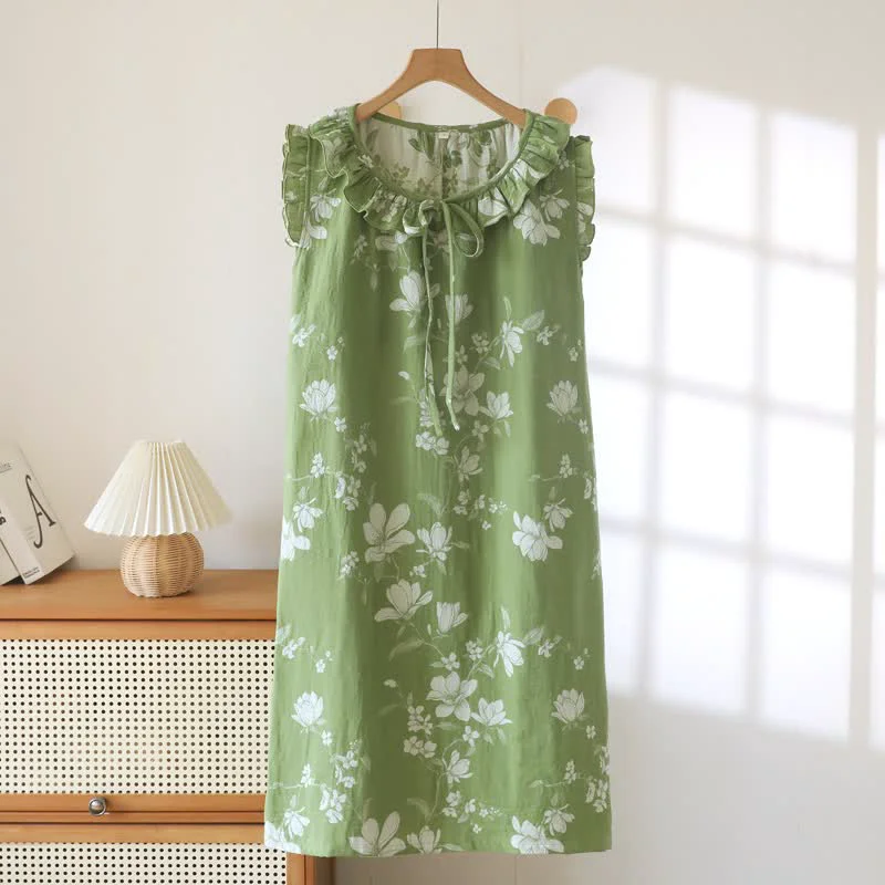 Dependable Ownkoti Green Floral Cotton Ruffle Nightgown Contemporary