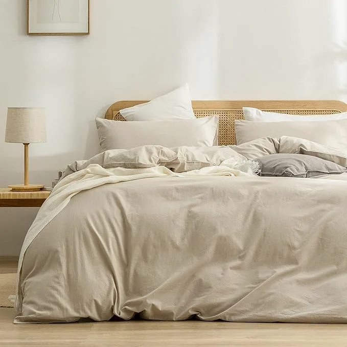 Exclusive OUCH Duvet Cover Set Washed Cotton Linen Feel Super Soft Comfortable Chic Lightweight 3 PCs Home Bedding Set Solid Almond Milk Grey Cal King Relaxed