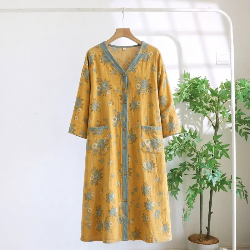 Recyclable Ownkoti Yellow Floral Cotton Lounge Dress First-Class