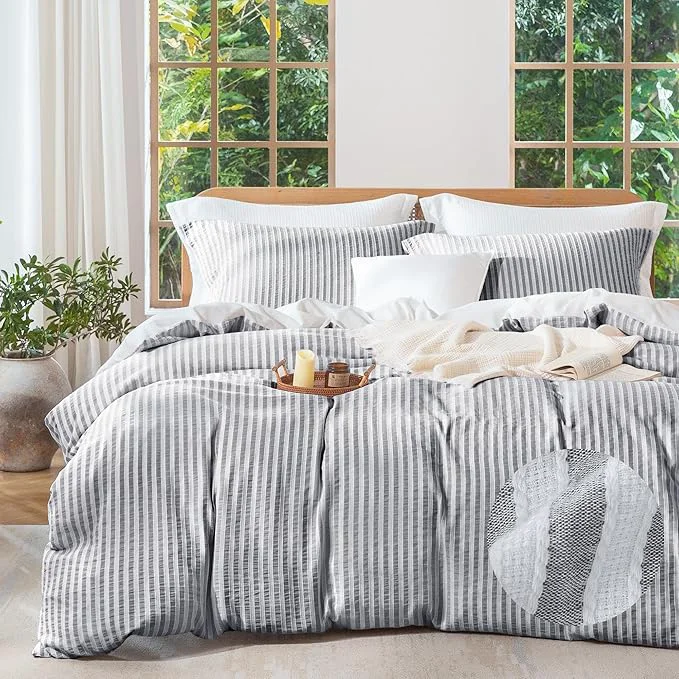 Minimalist MILDLY Dark Grey Striped Duvet Cover – Washed Cotton Jacquard Textured Comforter Cover with Dual Zipper Closure amp 8 Coner Ties Authentic