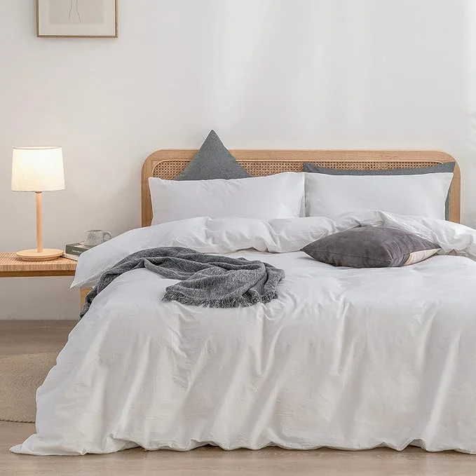 Top-Quality OUCH Duvet Cover Set Washed Cotton Linen Feel Super Soft Comfortable Chic Lightweight 3 PCs Home Bedding Set Solid Bright White Super Queen Original Design