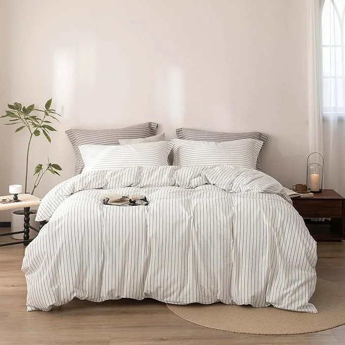 Secure Stripe Duvet Cover Super King Plus Size 120inch x 120inch Washed Cotton Linen Feel Duvet Cover with Zipper Closure and 2 Pillowcases Color of White-Dark Grey Stripe Professional